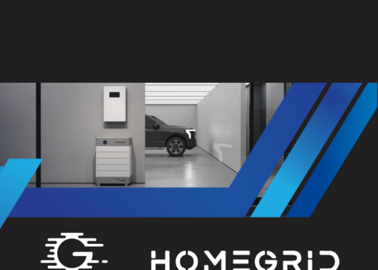 Energy storage system in garage with Homegrid and Greentech renewables logo