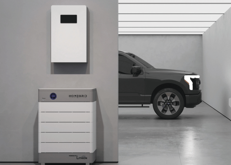 HomeGrid battery in garage with ford truck