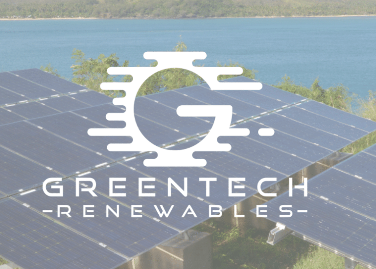 Greentech logo over solar panels in the islands 