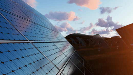 Solar panel field during sunset