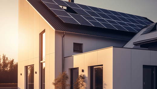 House at sunset showing solar panels on the roof