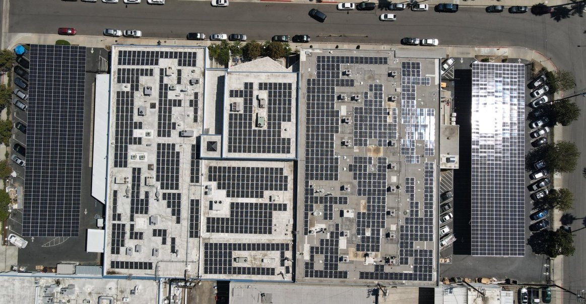 Commercial microgrid installation bird's eye view in OC, CA.