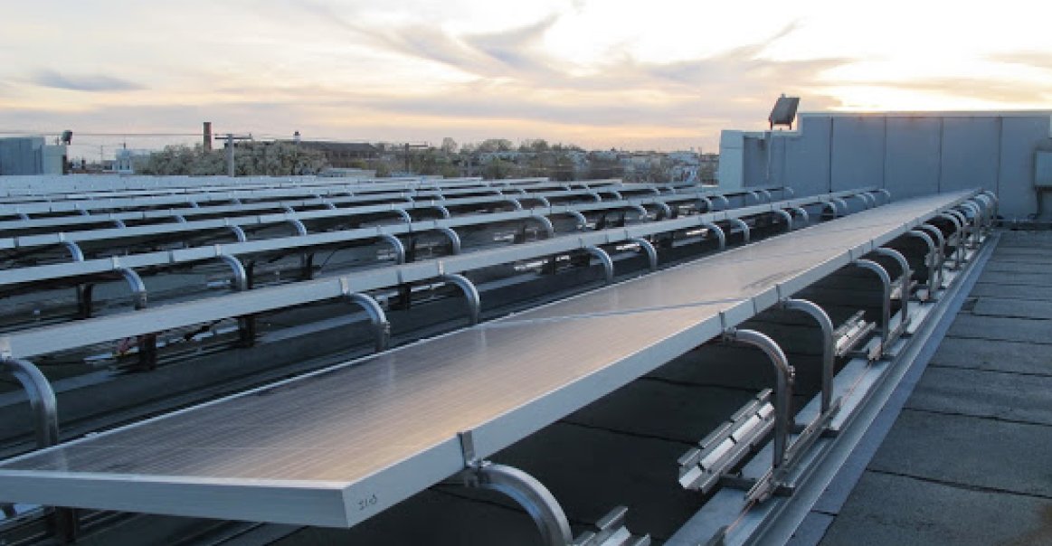 Different angle of solar panels from Domino Sugars commercial installation.